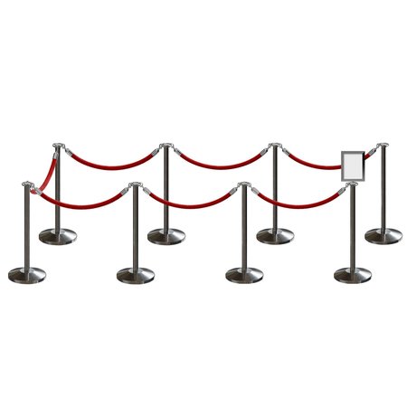 MONTOUR LINE Stanchion Post and Rope Kit Sat.Steel, 8FlatTop 7RedRope 8.5x11V Sign C-Kit-7-SS-FL-1-Tapped-1-8511-V-7-ER-RD-PS